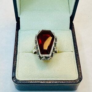Sterling Silver and Garnet Coffin Ring Size 6.5